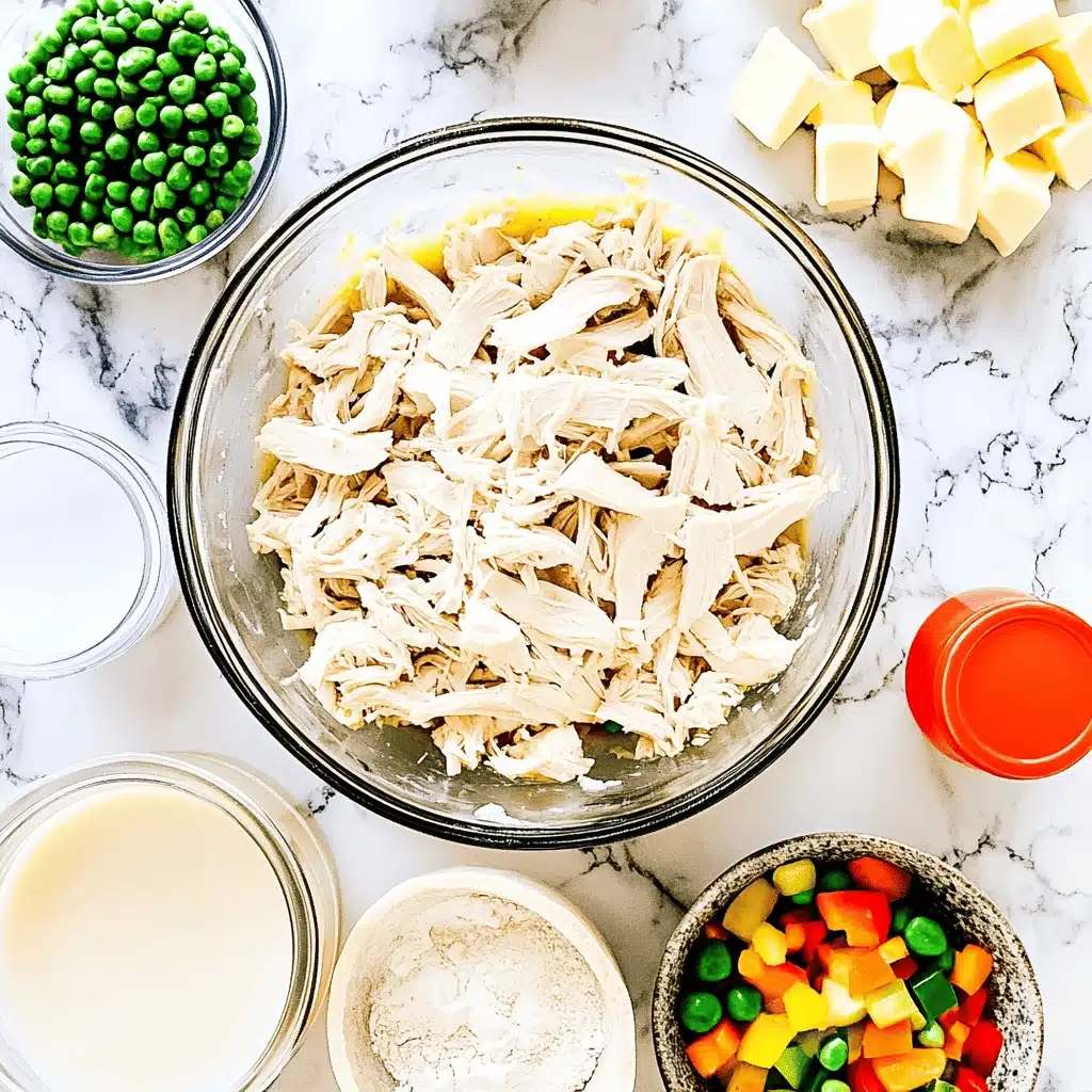 Ingredients for easy chicken pot pie recipe including shredded chicken, vegetables, and pie crust