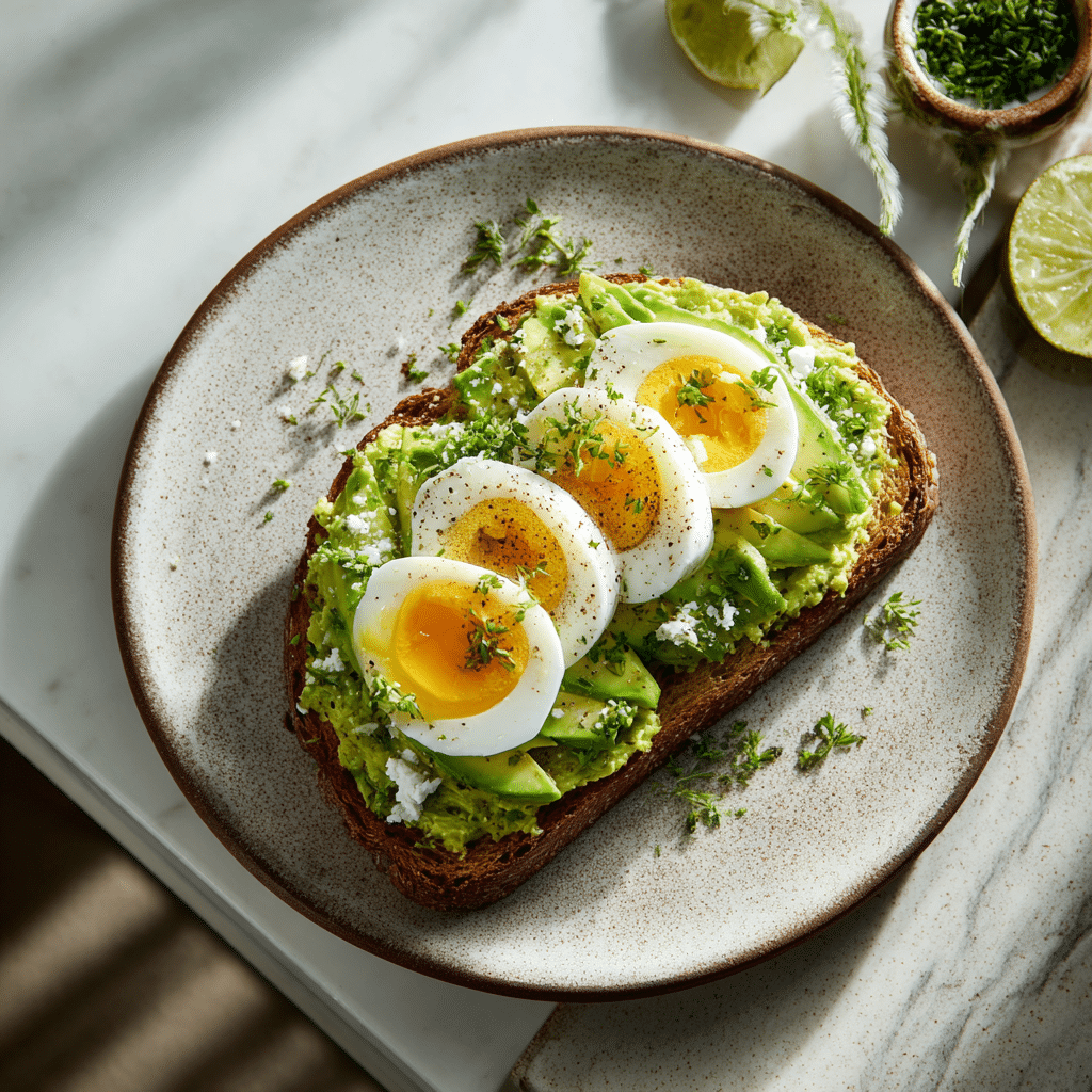 Avocado Cottage Cheese Toast on rustic plate