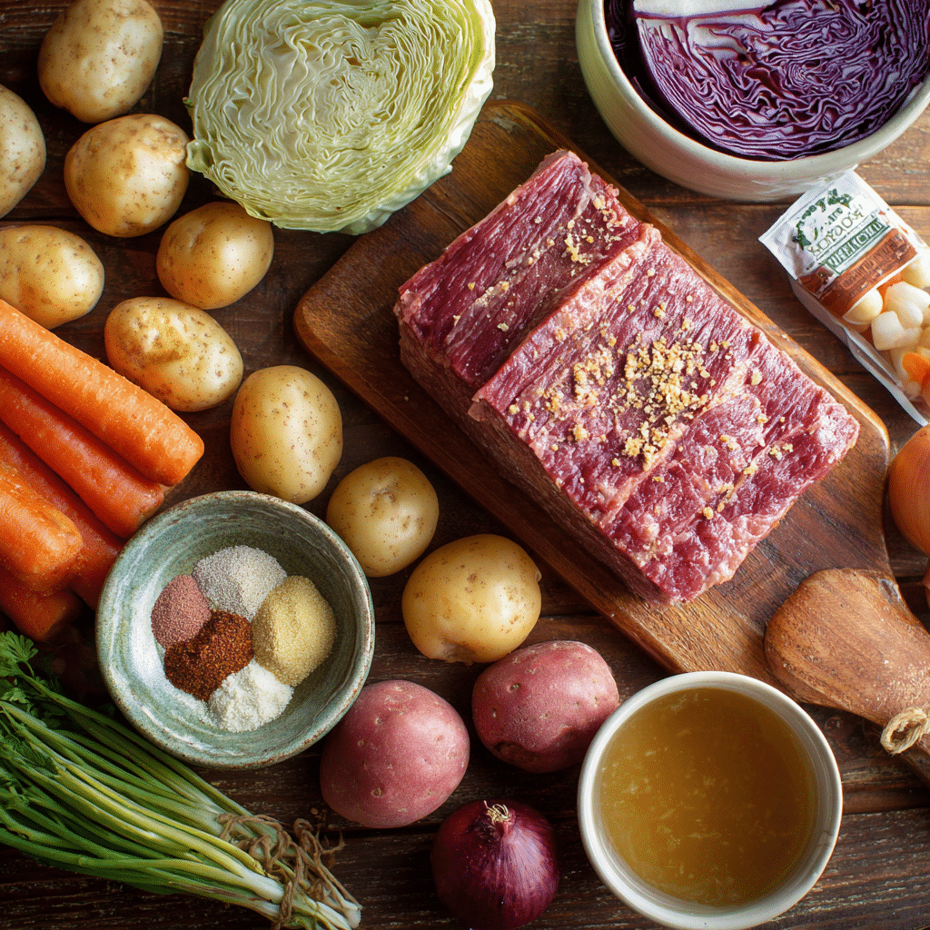 Ingredients for crock pot corned beef on kitchen counter