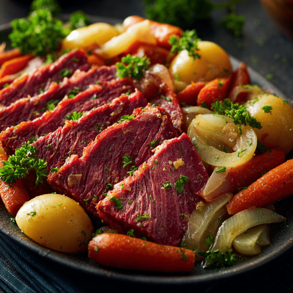 Crock pot corned beef served with vegetables