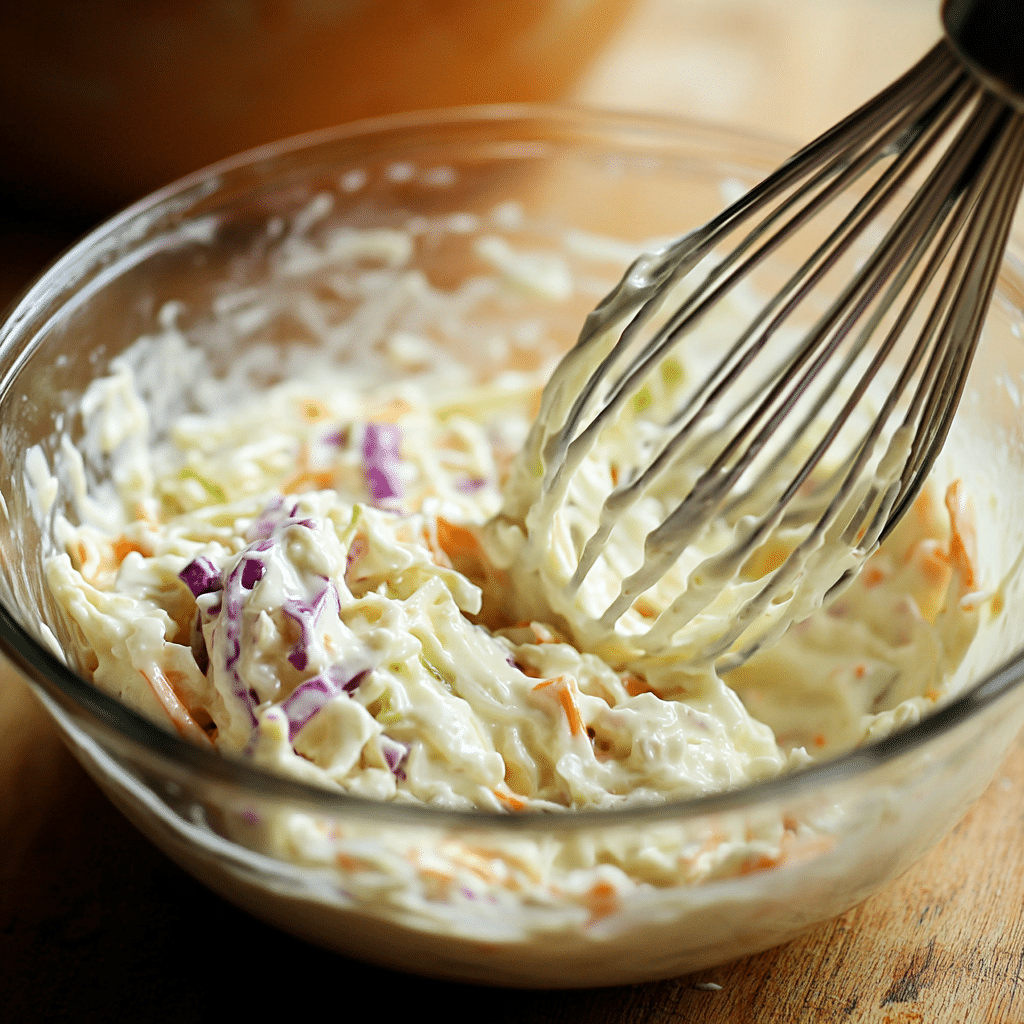 Irish coleslaw recipe creamy dressing whisked in glass bowl