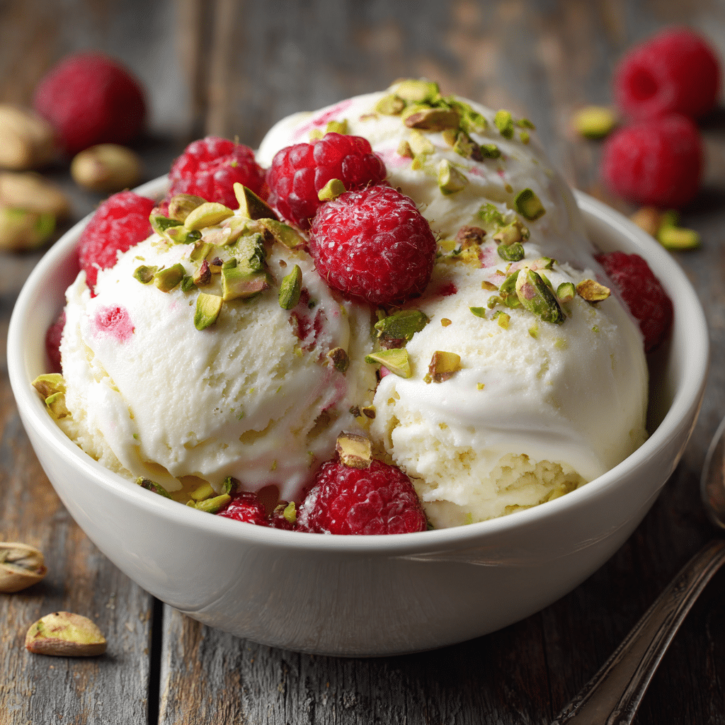 creami protein ice cream topped with raspberries and pistachios