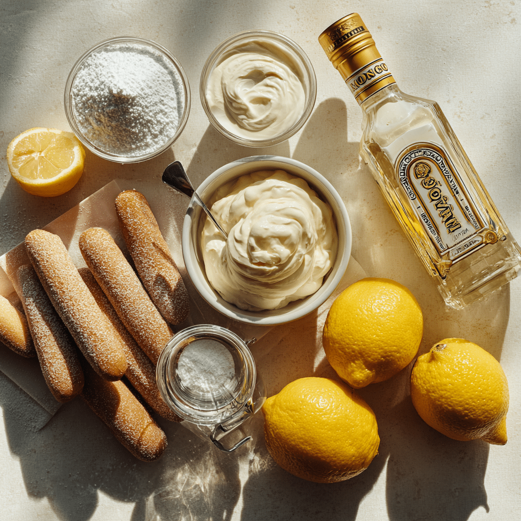 Ingredients for Limoncello Tiramisu including lemons and mascarpone