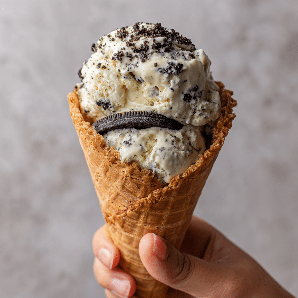 Serving Ninja Creami cookies and cream in a cone