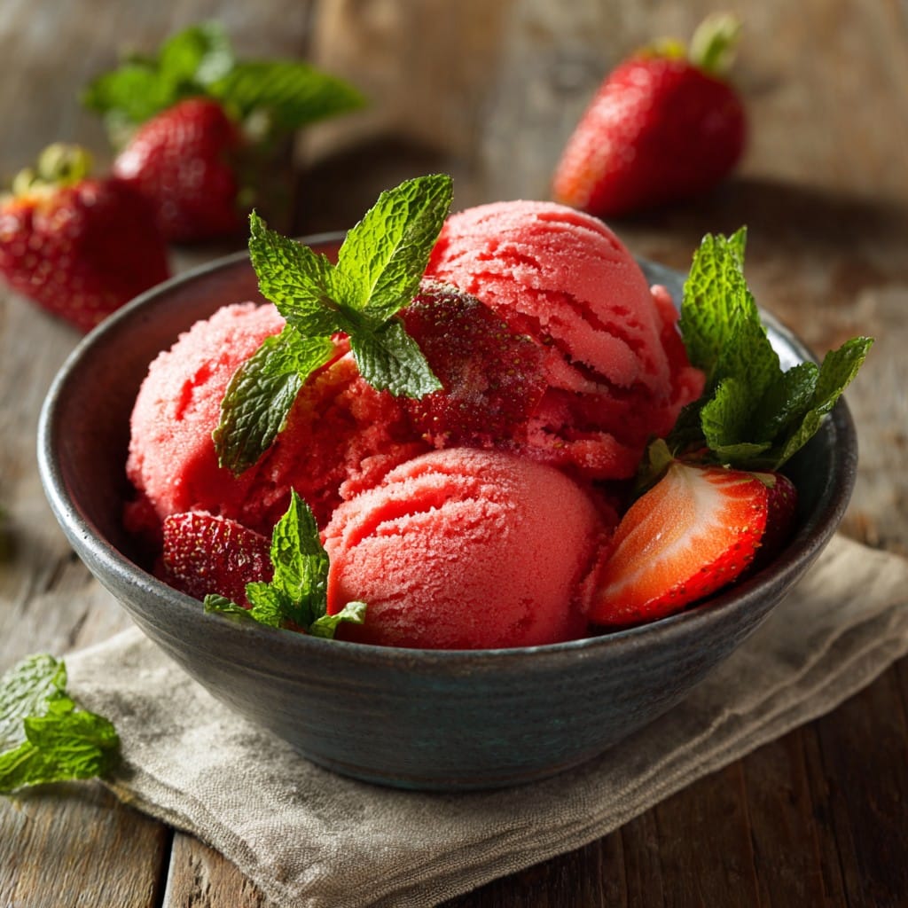 Ninja Creami strawberry sorbet in bowl with mint