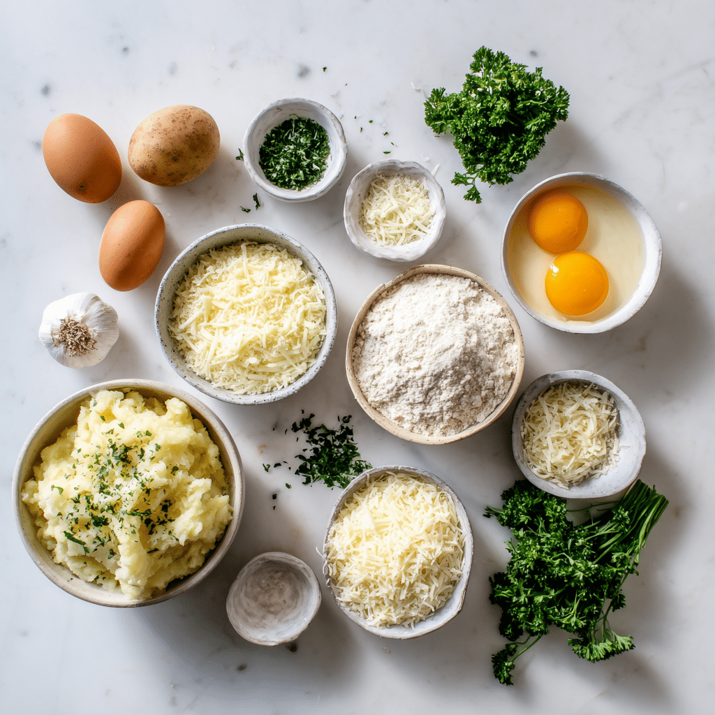  Ingredients for cheesy garlic parm potato balls arranged on marble