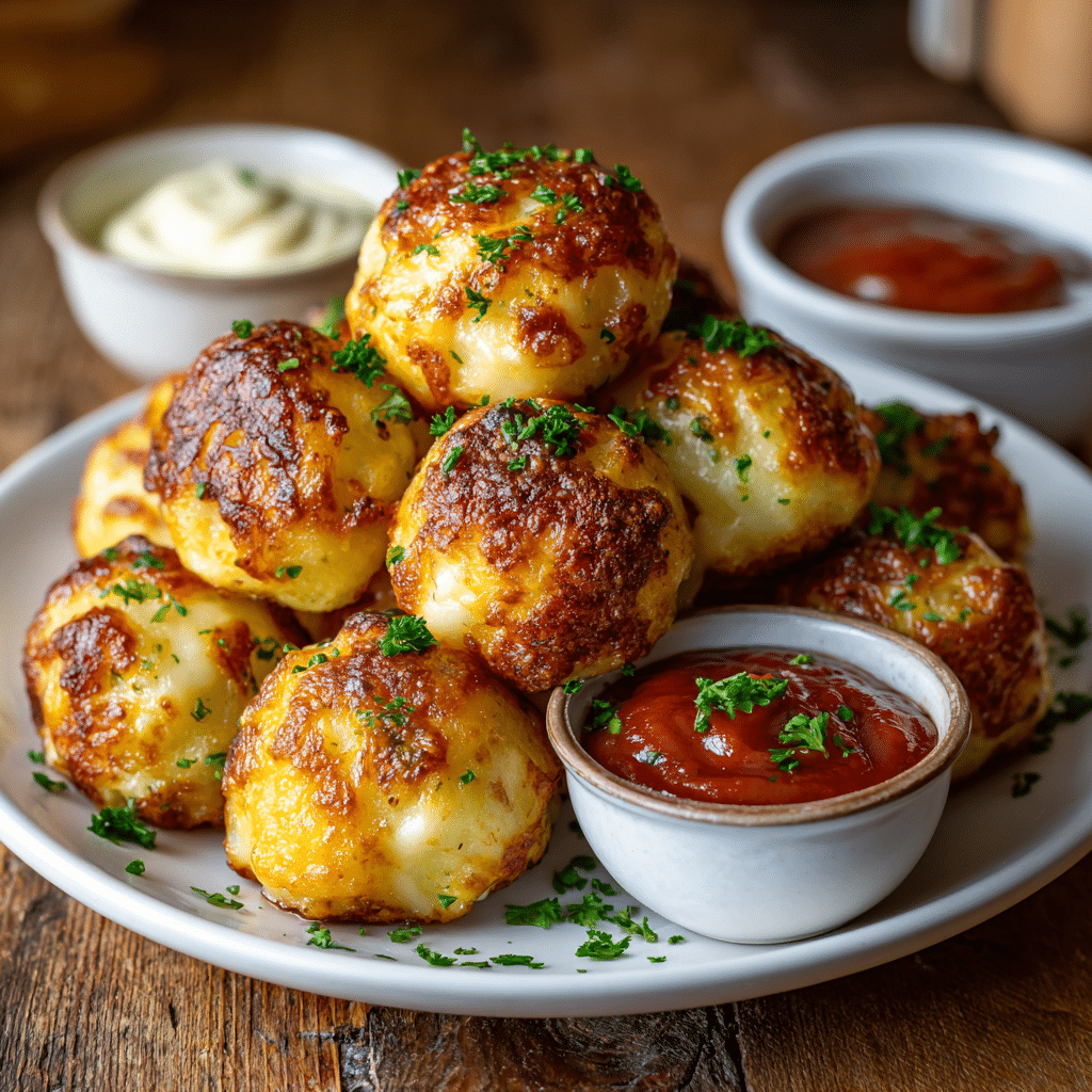 Cheesy garlic parm potato balls on a serving platter with sauces